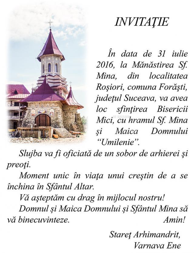Sfinţirea Bisericii Mici cu hramul Sf. Mina şi Maica Domnului „Umilenia”, pe 31 iulie, în localitatea Roşiori, comuna Forăşti