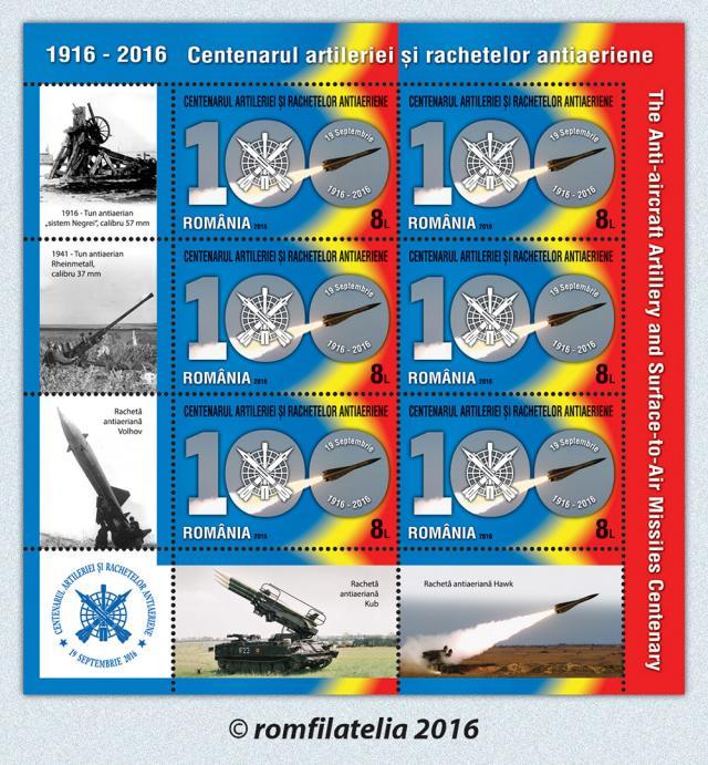 Emisiune de mărci poștale dedicată centenarului Artileriei și Rachetelor Antiaeriene