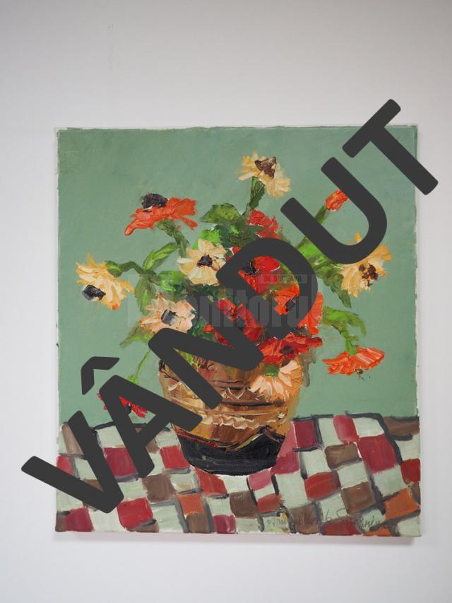 „Flori” (40x45), ulei pe pânză, înrămat, autor Vasile Anghel Siminiuc, preţ 100 de euro