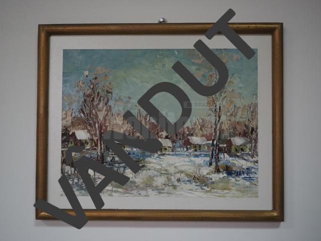 „Peisaj de iarnă” (40x32), înrămat, autor Ioan Bodnar, preţ 100 de dolari