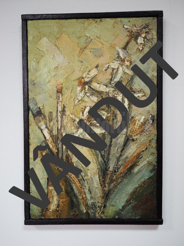 „Narcise” (43x28), ulei pe pânză, înrămat, autor Iosif Csukat, preţ 100 de dolari