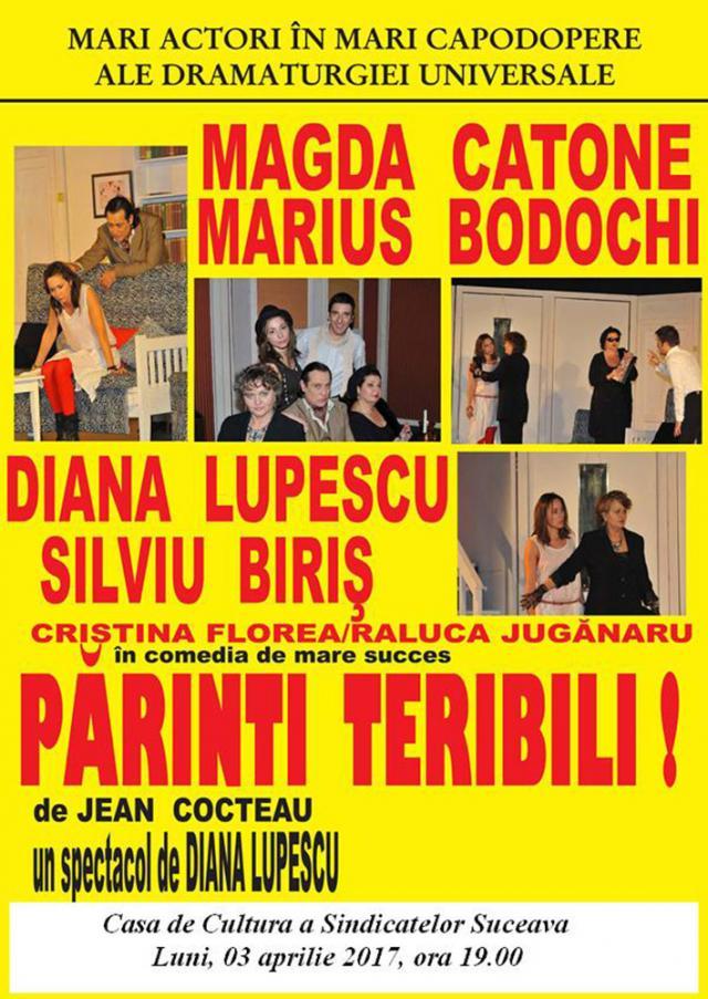 Actorii Magda Catone și Marius Bodochi aduc la Suceava piesa „Părinţi teribili”