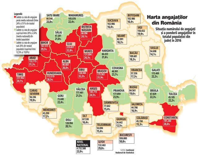 Harta angajaţilor din România, pe judeţe. Foto: Ziarul Financiar