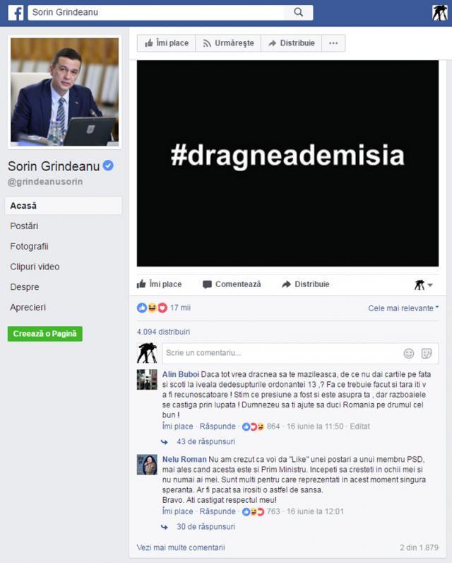 Sorin Grindeanu cere pe pagina lui de Facebook demisia lui Liviu Dragnea