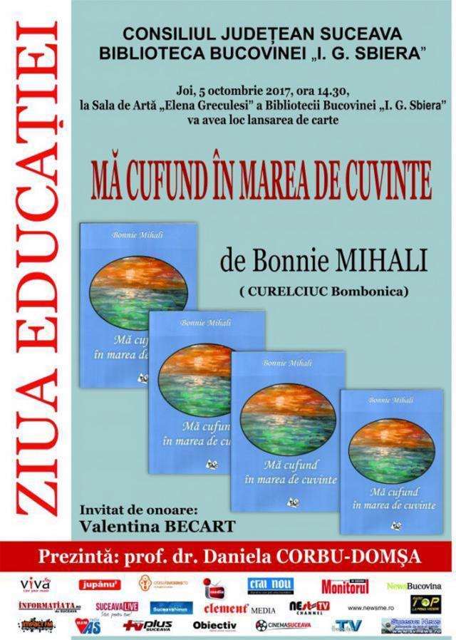 Cartea „Mă cufund în marea de cuvinte”, de Bonnie Mihali, va fi lansată la Biblioteca Bucovinei