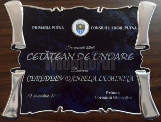 Profesoara Daniela Luminița Ceredeev, „Cetățean de Onoare” al comunei Putna