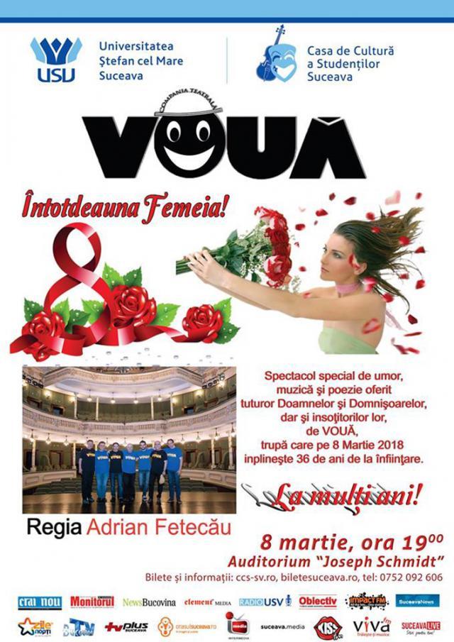 Spectacol de umor, muzică și poezie, cu Grupul Vouă, de 8 martie, la USV