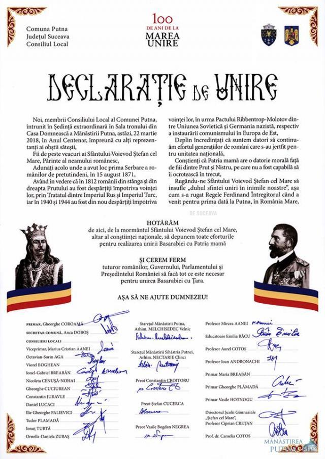 Declaraţie de unire a Basarabiei cu Ţara, semnată joi, la Mănăstirea Putna