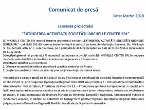 Lansarea proiectului “EXTINDEREA ACTIVITĂȚII SOCIETĂȚII MICHELLE CENTER SRL”