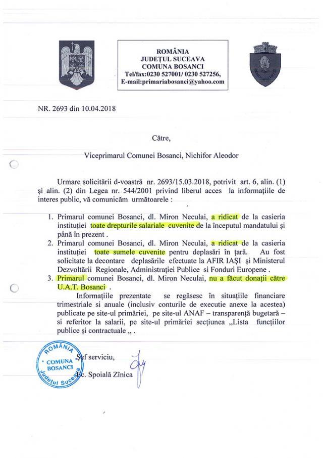 Răspunsul oficial al reprezentanţilor Primăriei Bosanci privind veniturile încasate de primarul Neculai Miron