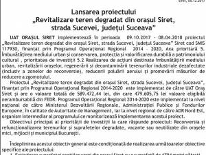 Lansarea proiectului „Revitalizare teren degradat din orașul Siret, strada Sucevei, județul Suceava”