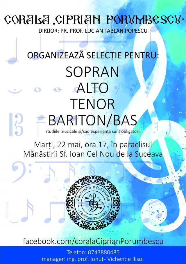 Corala „Ciprian Porumbescu” organizează preselecţii formula de concert a ansamblului