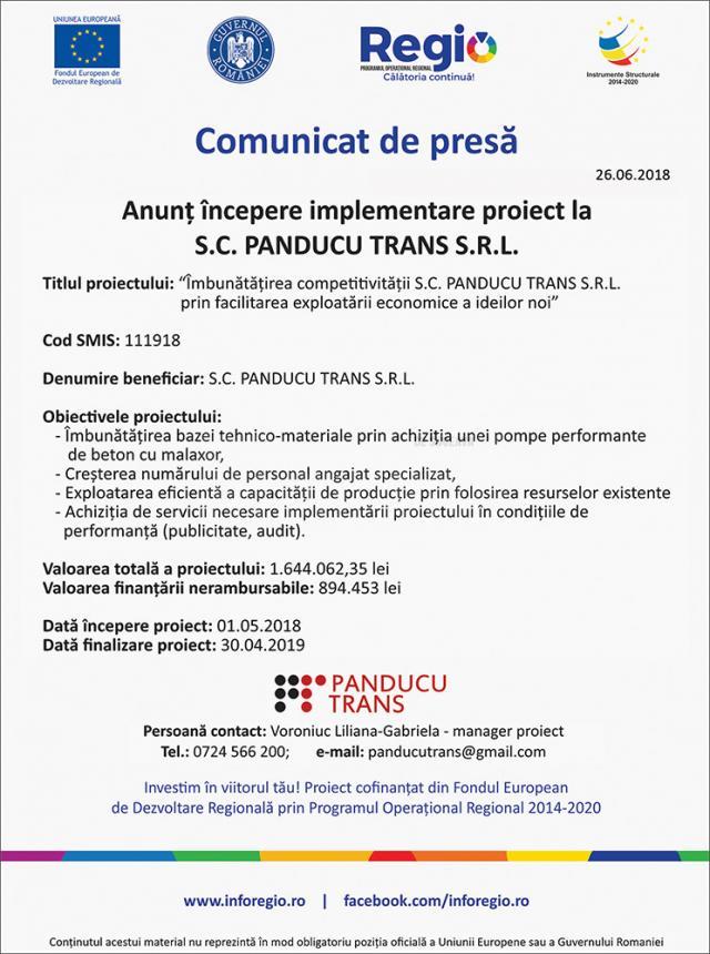 Începere implementare proiect la S.C. PANDUCU TRANS S.R.L.
