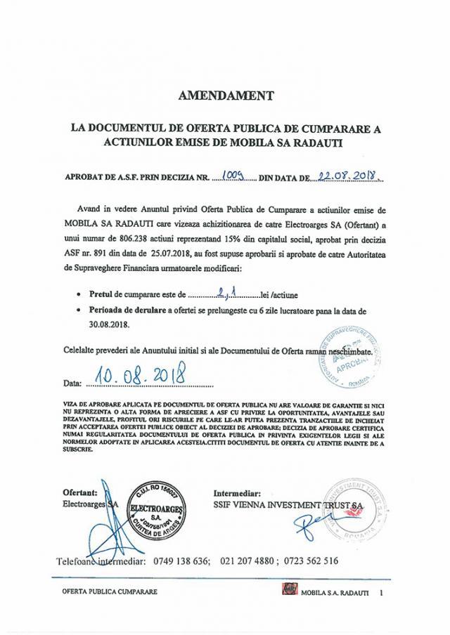 AMENDAMENT LA DOCUMENTUL DE OFERTA PUBLICA DE CUMPARARE A ACTIUNILOR EMISE DE MOBILA SA RADAUTI