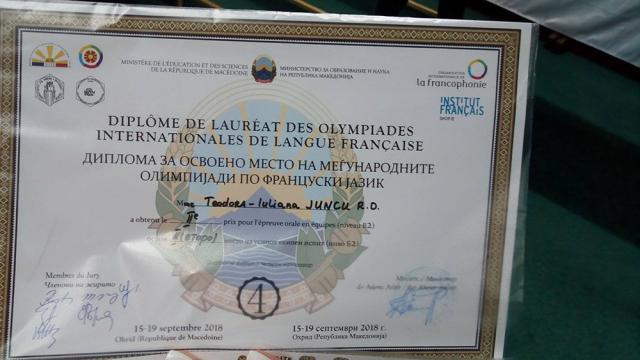 Premiul al II-lea pentru o elevă din judeţ la Olimpiada Internaţională de Franceză