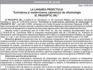 LA LANSAREA PROIECTULUI ”Extinderea şi modernizarea cabinetului de oftalmologie SC PRAXIOPTIC SRL”