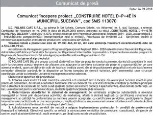 Comunicat începere proiect „CONSTRUIRE HOTEL D+P+4E ÎN MUNICIPIUL SUCEAVA”, cod SMIS 113070
