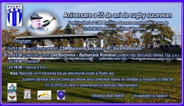 Sâmbătă se sărbătoresc 55 de ani de rugby, cu derby-ul dintre Suceava şi Gura Humorului, dar şi cu un meci de old-boys