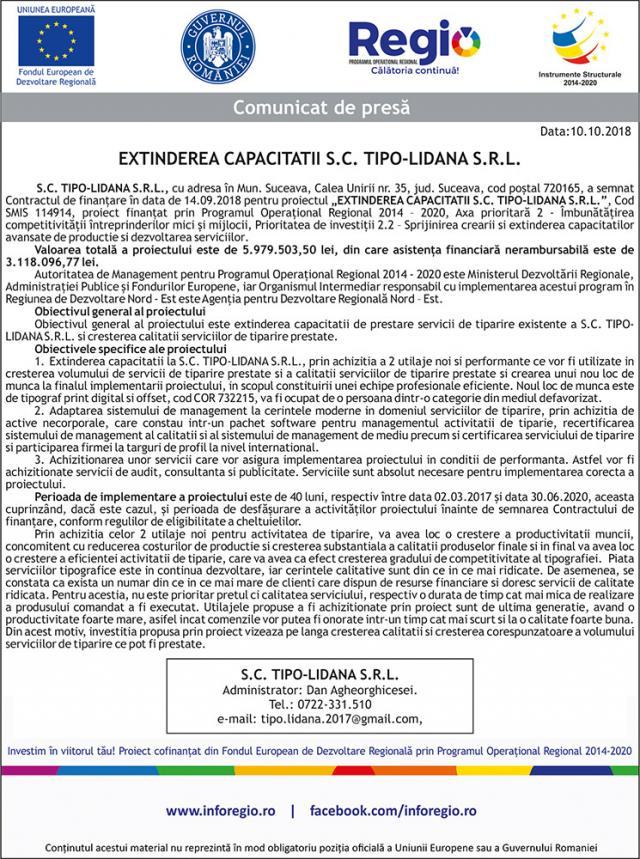 EXTINDEREA CAPACITATII S.C. TIPO-LIDANA S.R.L.