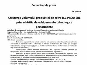 Cresterea volumului productiei de catre ICC PROD SRL prin achizitia de echipamente tehnologice performante