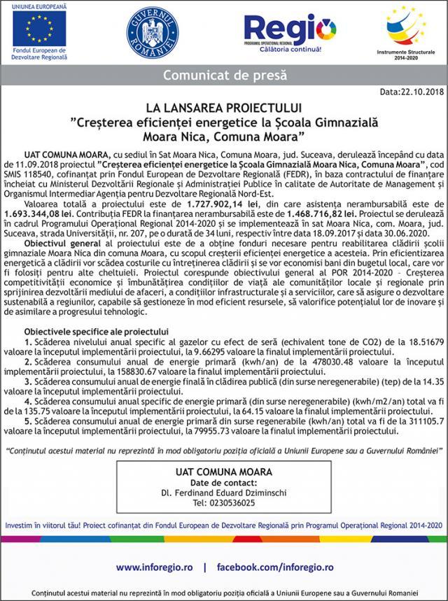 LA LANSAREA PROIECTULUI  ”Creşterea eficienţei energetice la Şcoala Gimnazială Moara Nica, Comuna Moara”