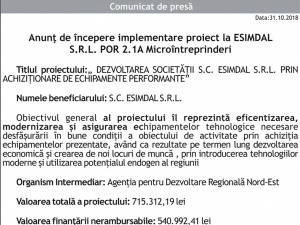 Anunţ de începere implementare proiect la ESIMDAL S.R.L. POR 2.1A Microîntreprinderi