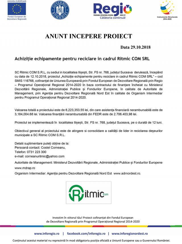 ANUNT INCEPERE PROIECT - Achiziție echipamente pentru reciclare in cadrul Ritmic COM SRL