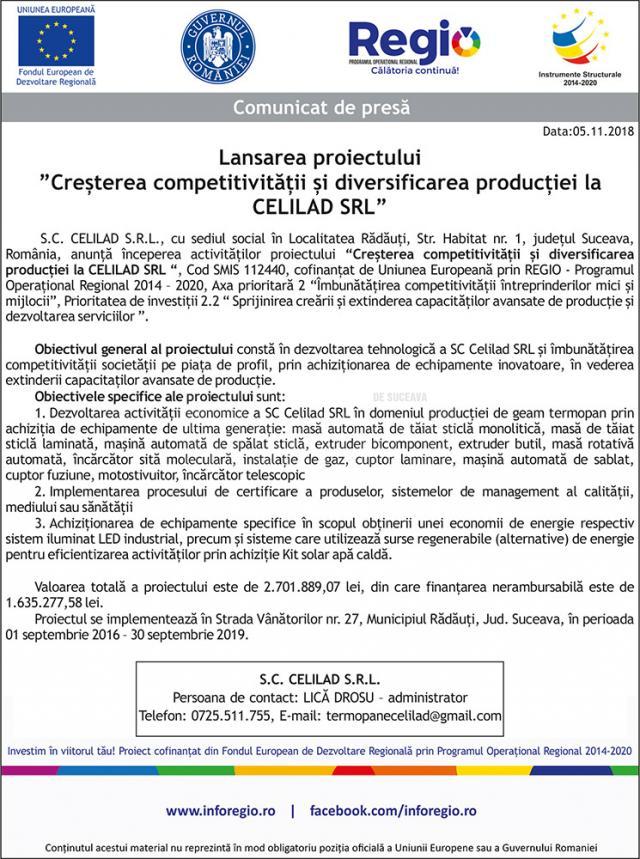 Lansarea proiectului  ”Creșterea competitivității și diversificarea producției la CELILAD SRL”