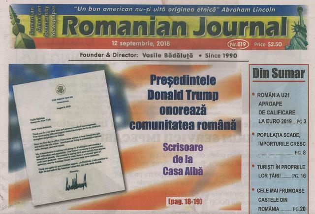 Scrisoarea preşedintelui Trump reflectată în Romanian Journal