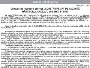 Comunicat începere proiect „CONSTRUIRE SAT DE VACANŢĂ MĂRŢIŞORUL CACICA”, cod SMIS 114107