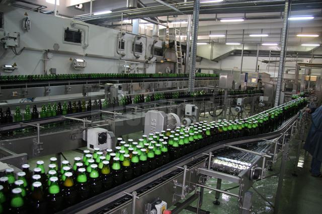 Sticle pe bandă în secţia de îmbuteliere a fabricii Bermas