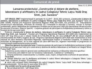 Lansarea proiectului „Construcție și dotare de ateliere, laboratoare și amfiteatru în cadrul Colegiului Tehnic Lațcu Vodă Oraș Siret, jud. Suceava”