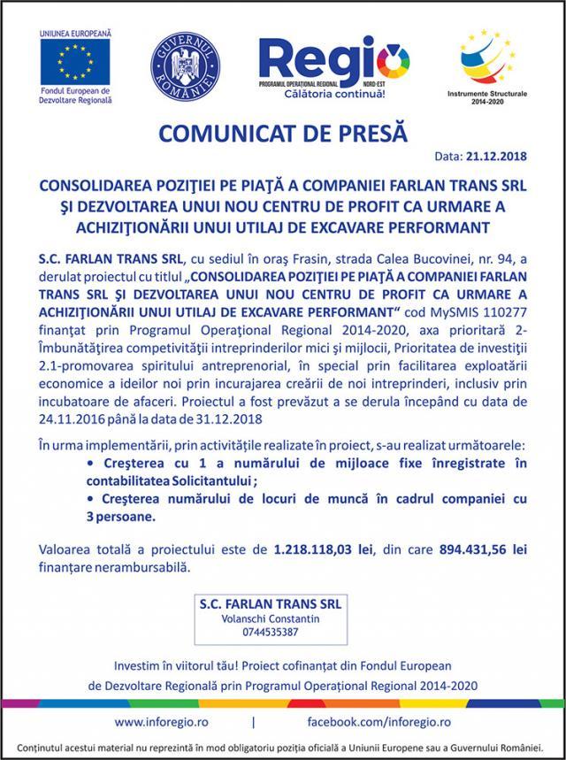 CONSOLIDAREA POZIŢIEI PE PIAŢĂ A COMPANIEI FARLAN TRANS SRL ŞI DEZVOLTAREA UNUI NOU CENTRU DE PROFIT CA URMARE A ACHIZIŢIONĂRII UNUI UTILAJ DE EXCAVARE PERFORMANT