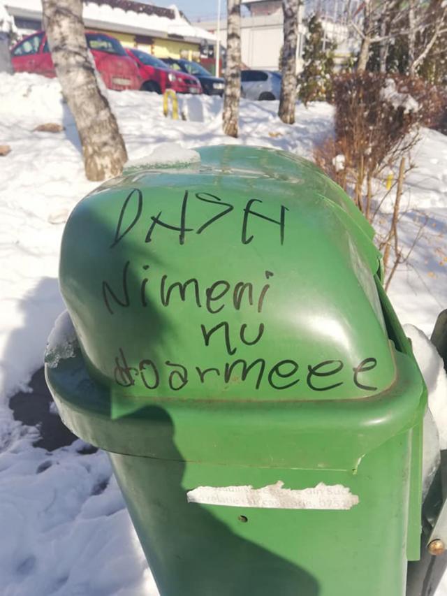Incripție a vandalilor pe un coș de gunoi Foto: Lăcrămiaora Georgeta