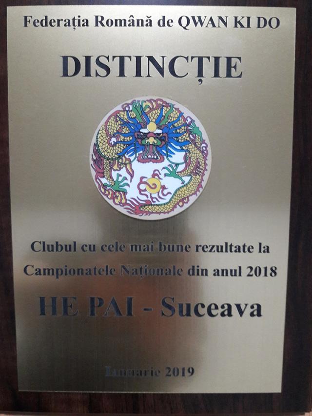 Distincţia primită de clubul He Pai Suceava