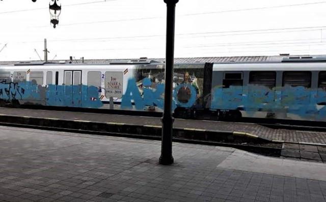 Trenul a fost murdărit dintr-un capăt în altul cu un spray de culoare albastră. Foto: linia515.wordpress.com