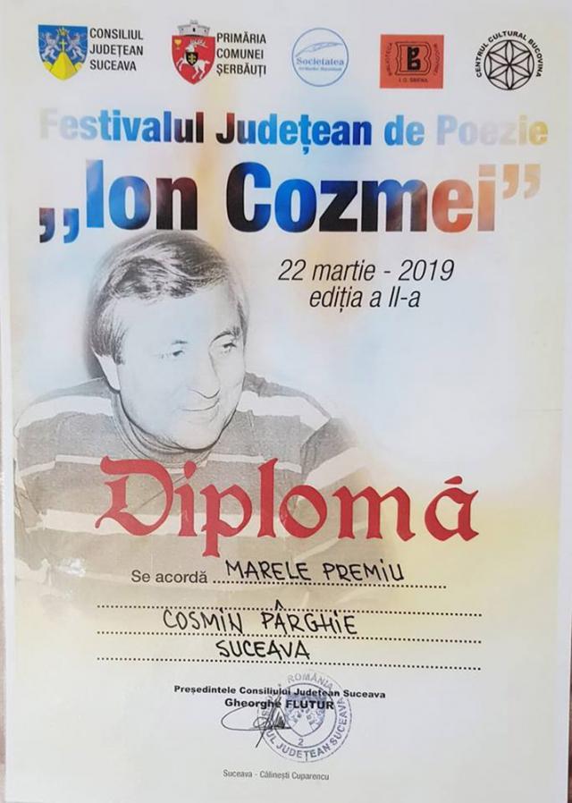 Marele premiu al Festivalului judeţean de poezie „Ion Cozmei”, ediția a II-a, câștigat de poetul sucevean Cosmin Pârghie