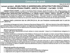 Lansare proiect „REABILITAREA ŞI MODERNIZAREA INFRASTRUCTURII EDUCAŢIONALE ÎN COMUNA POIANA STAMPEI, JUDEŢUL SUCEAVA”, Cod SMIS: 121903