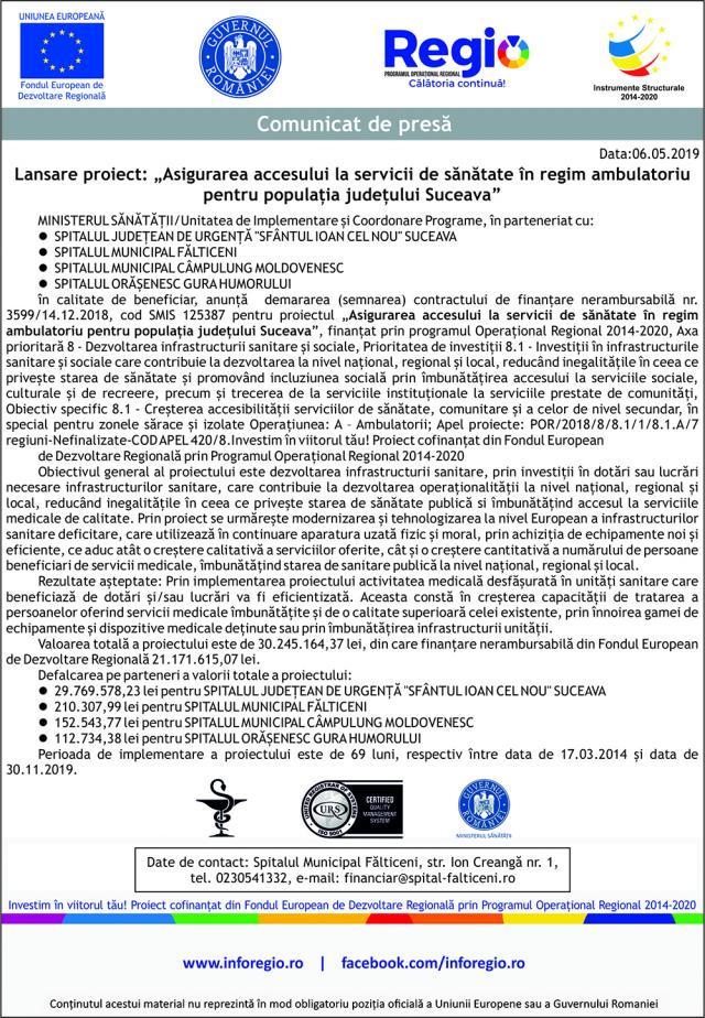 Lansare proiect: „Asigurarea accesului la servicii de sănătate în regim ambulatoriu pentru populaţia judeţului Suceava”