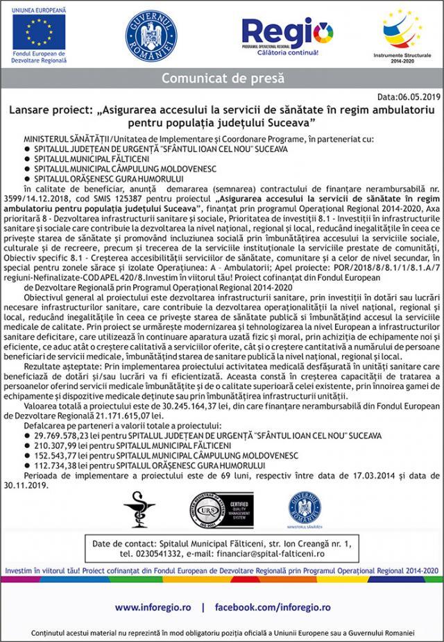 Lansare proiect: „Asigurarea accesului la servicii de sănătate în regim ambulatoriu pentru populaţia judeţului Suceava”