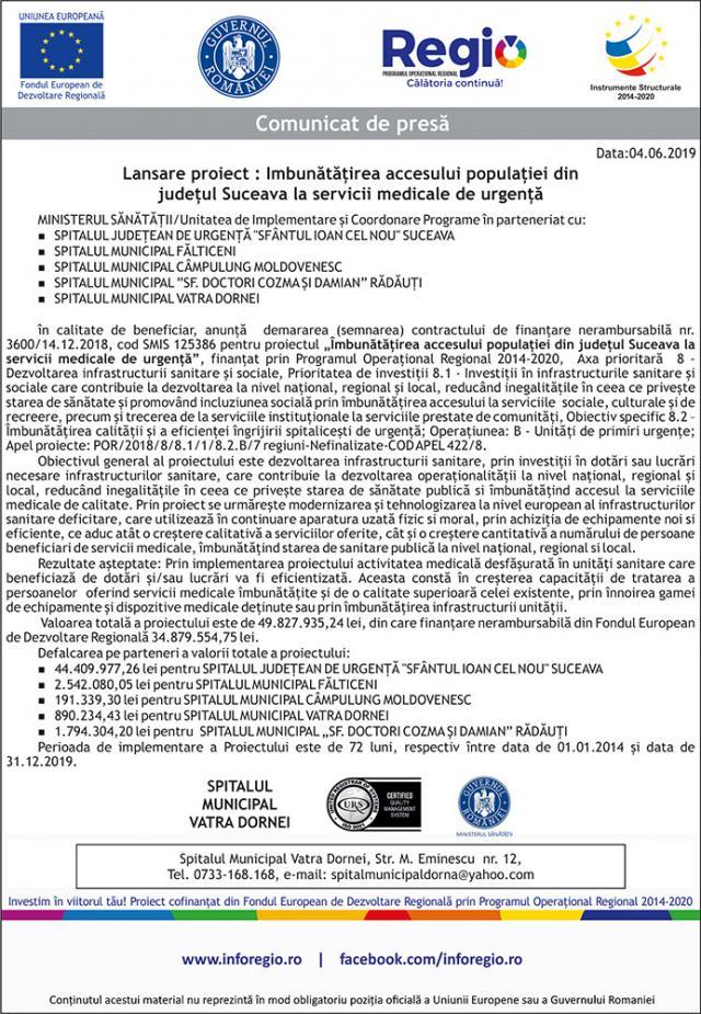 Lansare proiect : Imbunătățirea accesului populației din județul Suceava la servicii medicale de urgență