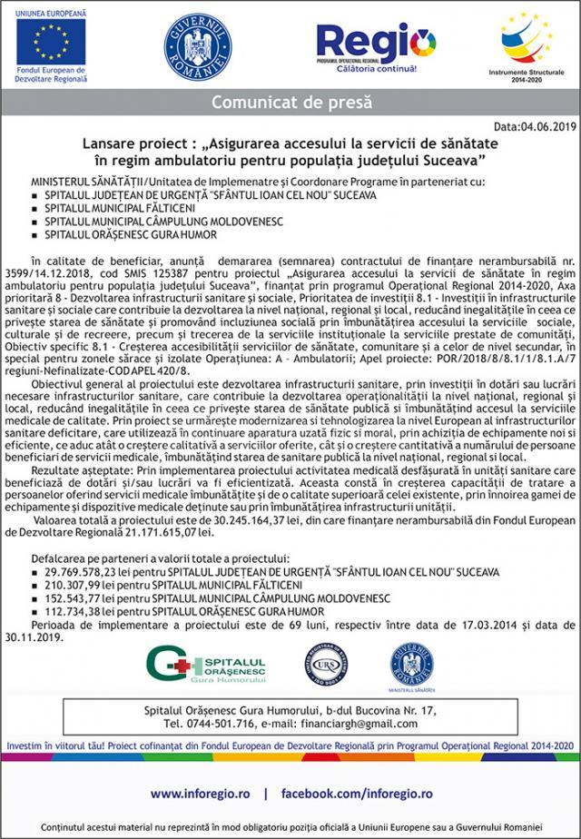 Lansare proiect : „Asigurarea accesului la servicii de sănătate în regim ambulatoriu pentru populația județului Suceava”