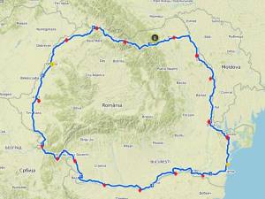 Traseul parcurs de humoreni în cadrul Turului României. Punctele roșii reprezintă locurile în care au înnoptat iar cele galbene locațiile în care au făcut pauză de o zi
