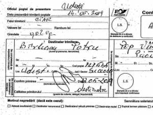 Mandatul poștal cu confirmare de primire prin care bătrânul a trimis plângerea la Postul de Poliție Udești