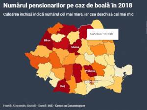 Harta judeţelor după numărul de pensionari pe caz de boală