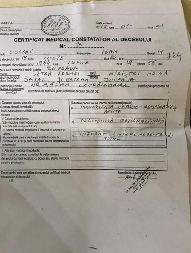 Certificatul de deces al lui Ioan Csapai