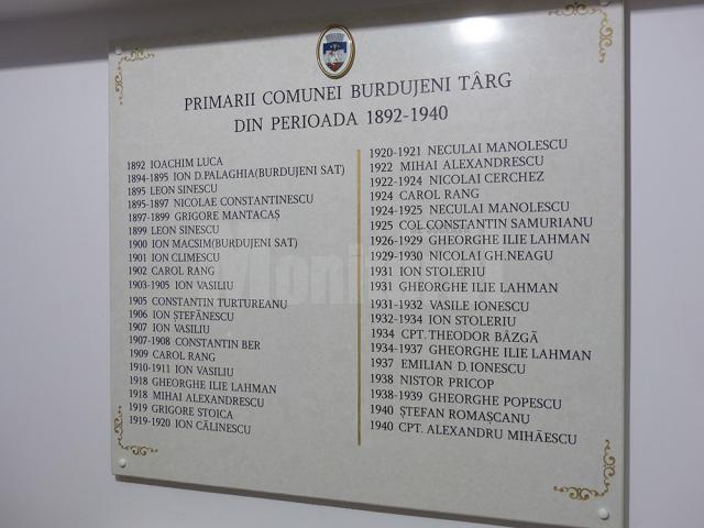 Placa comemorativă dezvelită în interiorul sediului primăriei din Burdujeni, în memoria celor care au condus comuna Burdujeni Târg
