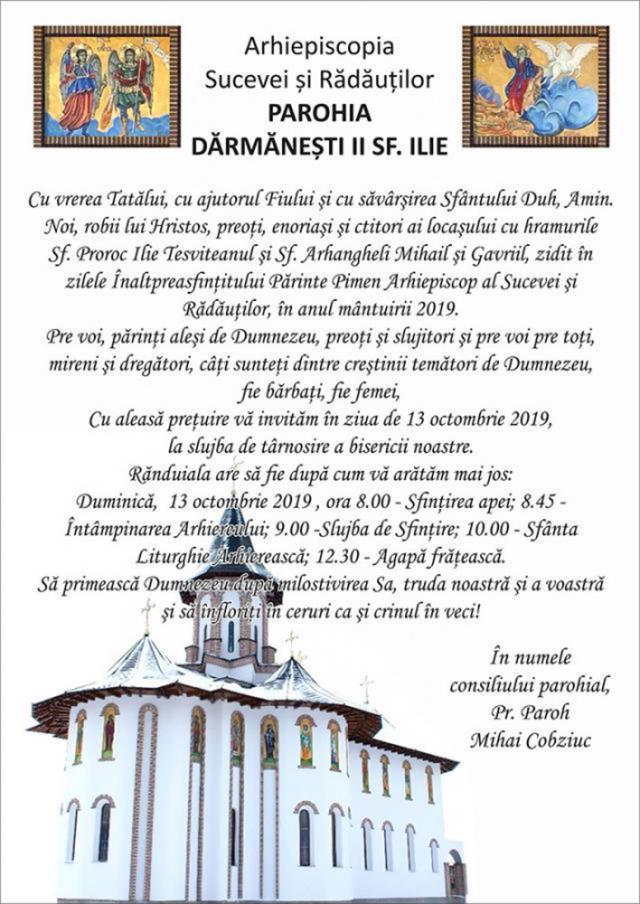 Biserica cu hramurile Sf. Proroc Ilie și Sf. Arhangheli Mihail și Gavriil din Dărmănești va primi duminică veșmântul sfințirii
