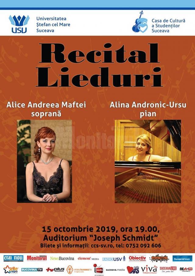 Recital de lieduri, miercuri, cu soprana Andreea Maftei și pianista Alina Andronic Ursu