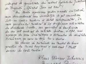 Mesajul scris de președintele României, Klaus Werner Iohannis, în Cartea de Onoare a Spitalului de Urgență „Sfântul Ioan cel Nou”